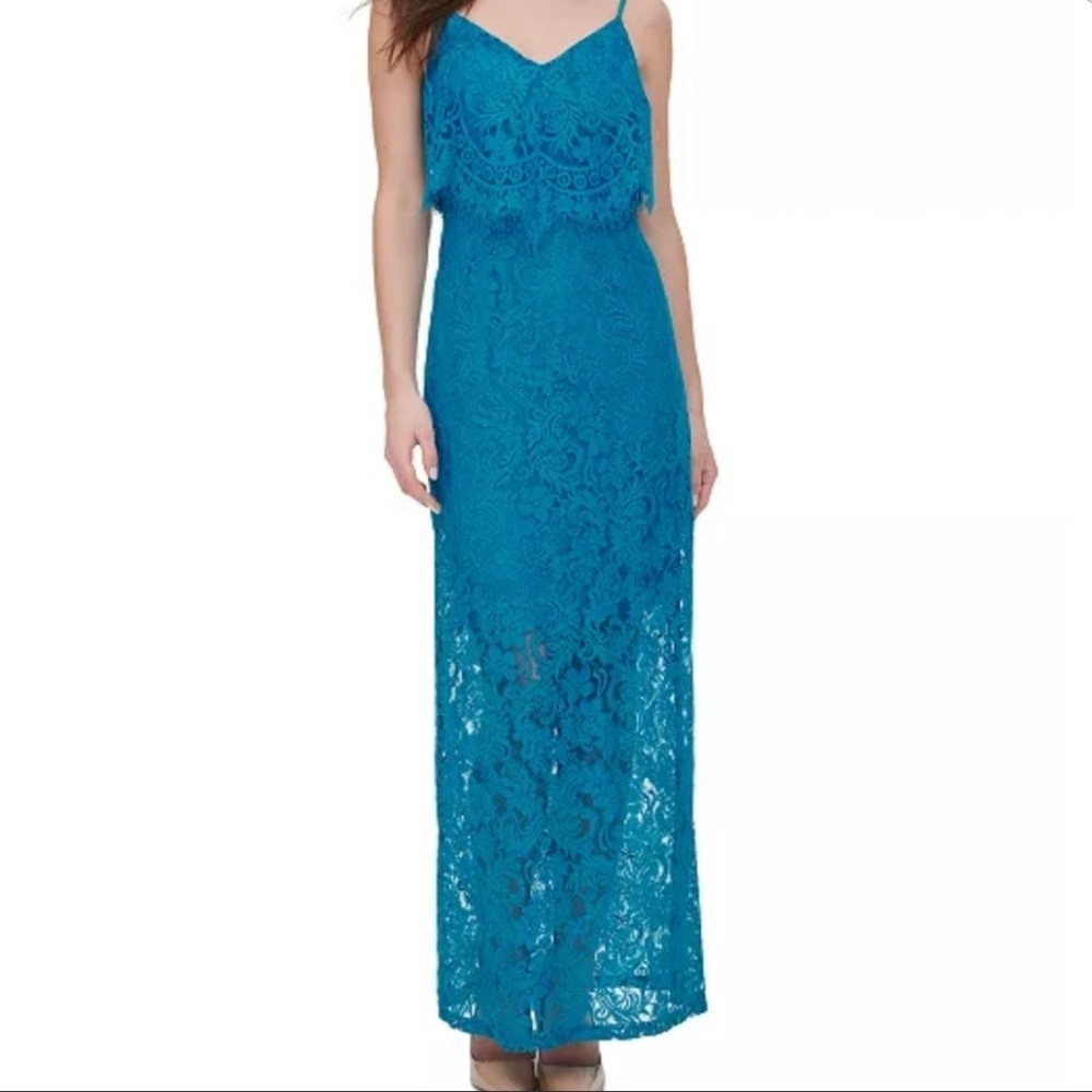 GUESS Teal Blue Lace Bridesmaid Formal Fitted Maxi Dress Size 0 NWT